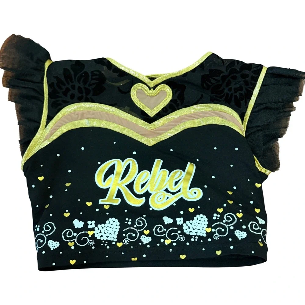 Rebel Athletic Girls YL Black Gold Heart Strappy‎ Back Cheer Crop Top Athleisure